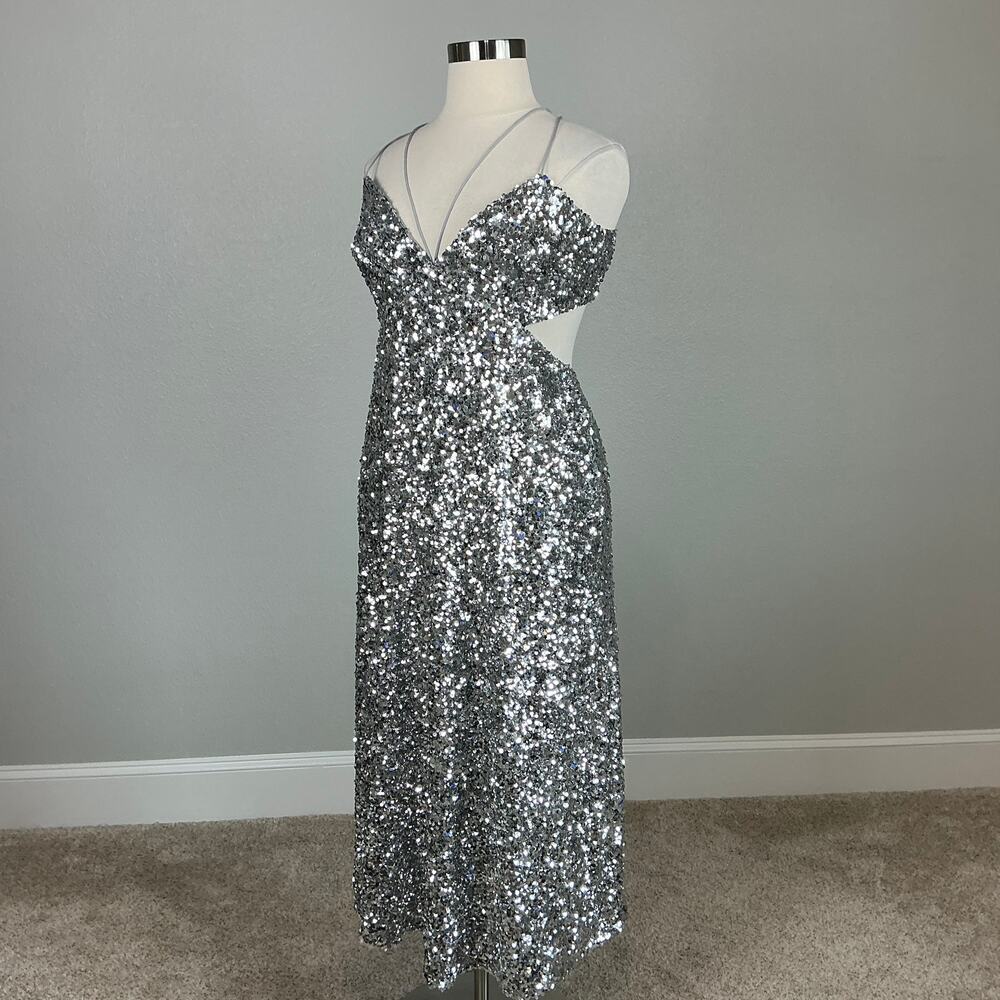 Sachin & Babi Sequined Cut Out Midi A-Line Evening Gown Silver Size 14 Dress - Picture 5 of 13